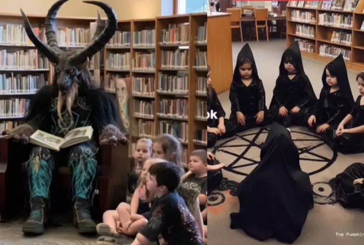 Niños en clase de la escuela satánica