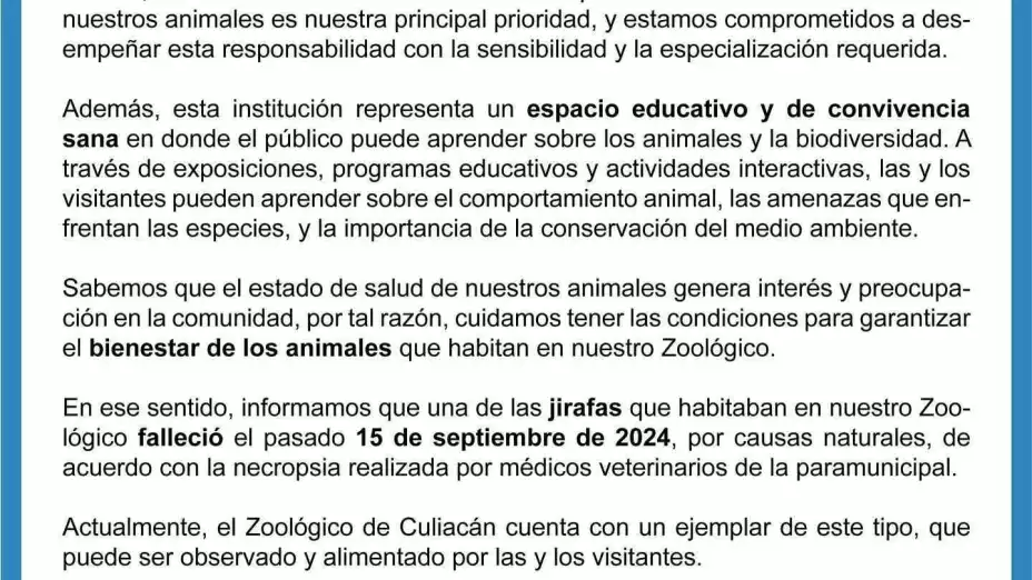 Comunicado Zoológico de Culiacán sobre jirafa desaparecida