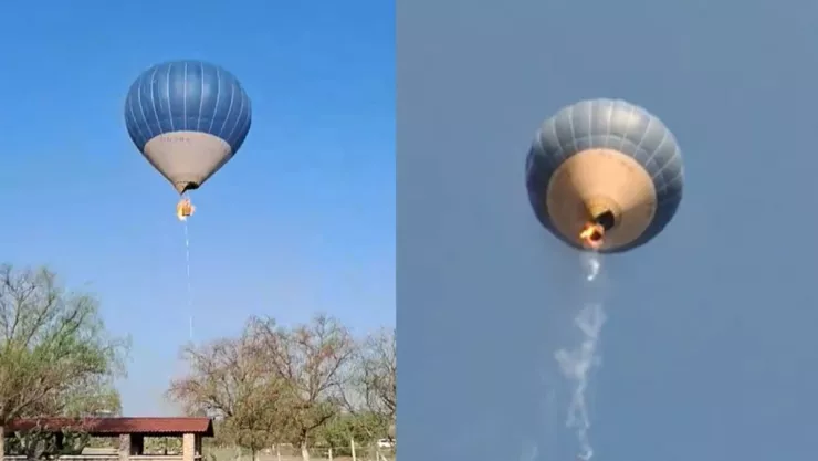 Momento en que globo aerostático se incendia en Teotihuacán