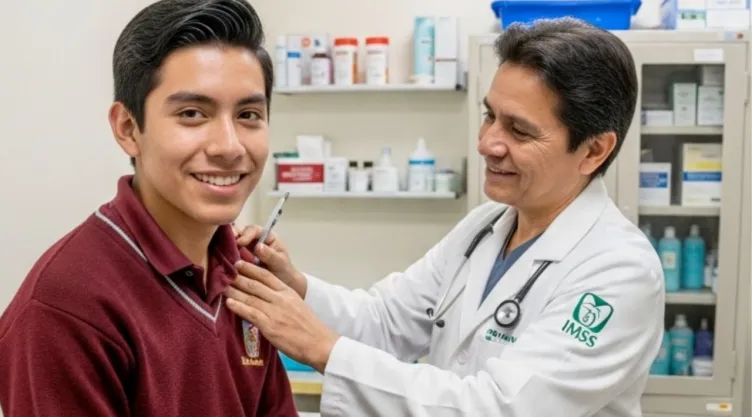 Estudiante recibiendo atención médica por un médico del IMSS.