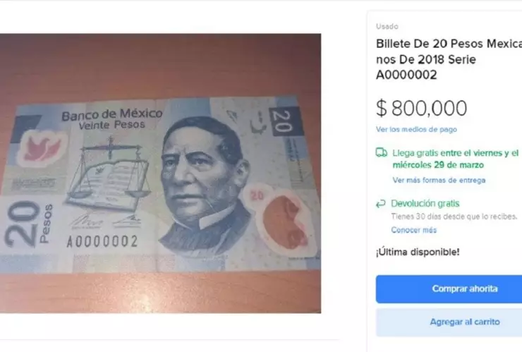 billete de 20 pesos por el que ofrecen 800 mil.