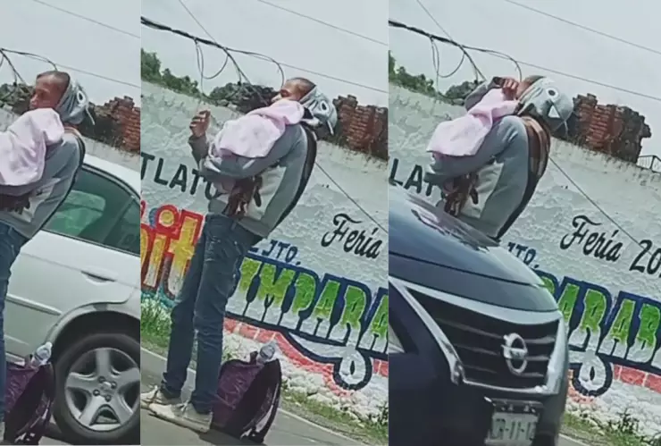 Mujer pide limosna cargando un perro como si fuera un bebé