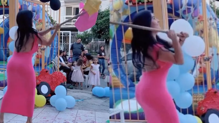 Mujer le pega a la piñata y se roba las miradas en fiesta infantil