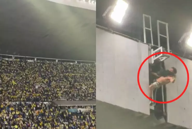 Aficionado se cuelga del techo del Club América