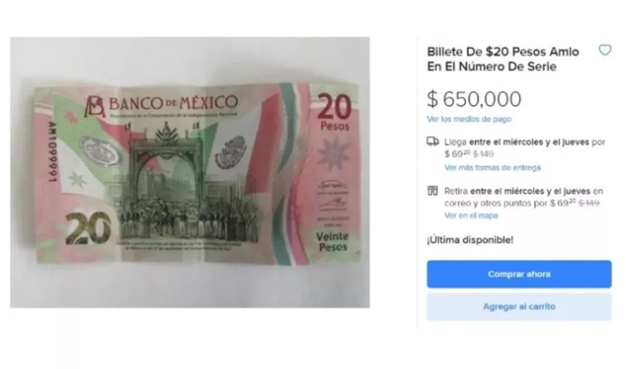 Billete de 20 pesos se vende en Internet