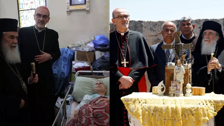 El patriarca latino de Jerusalén, el arzobispo Pierbattista Pizzaballa y el patriarca ortodoxo grieg visitan la ciudad de Taybeh, un pueblo cristiano en Cisjordania ocupada por Israel