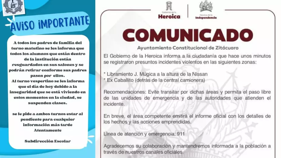 Secundaria emite comunicado donde explica que suspenden las clases del turno vespertino, esto luego de que se registraron balaceras en las inmediaciones del plantel provocando pánico entre los alumnos.