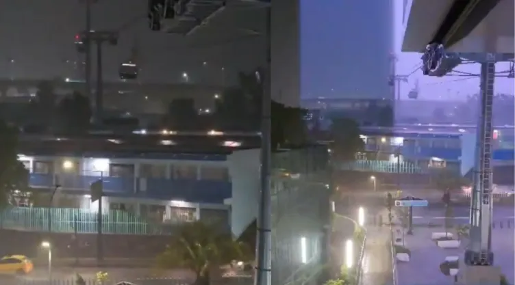 Tormenta eléctrica deja sin servicio a Línea 3 del Cablebús; usuarios se quedan varados.