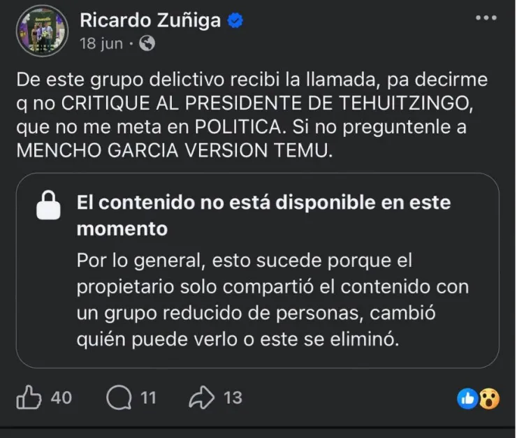 Amenazas que habría recibido Ricardo Zúñiga en Puebla