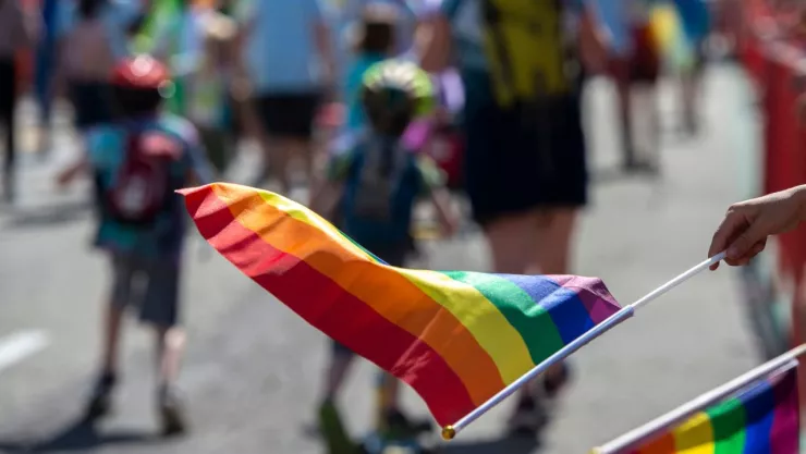 banderas de la comunidad LBGT y de fondo personas caminando