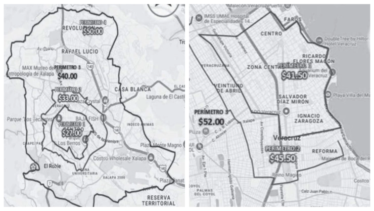 Suben tarifas de taxi en Veracruz: Nuevos costos ya aplican en 7 ciudades desde este 22 de julio. En la imagen se observa un mapa de Xalapa y otro de Veracruz donde se plasman los nuevos precios que cobrará este servicio de transporte.