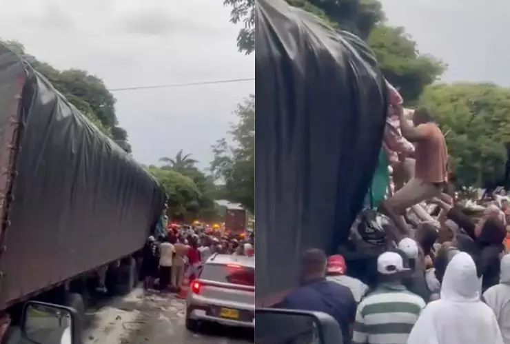 Conductor de tráiler muere en un accidente y testigos hacen mega rapiña en Colombia (VIDEO)