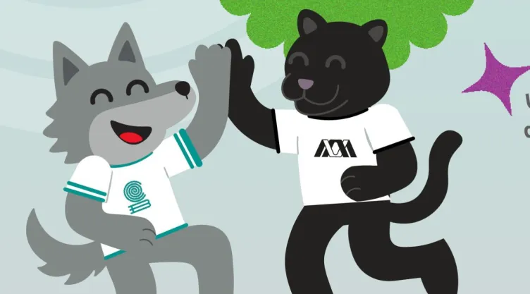 La mascota del Colegio de Bachilleres y de la UAM dándose la mano en celebración del paso automático.