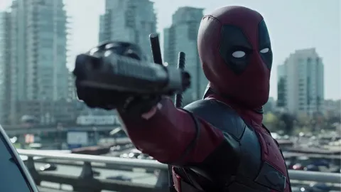 En la imagen, una captura de una escena de la primera película de ‘Deadpool’ peleando con su arma