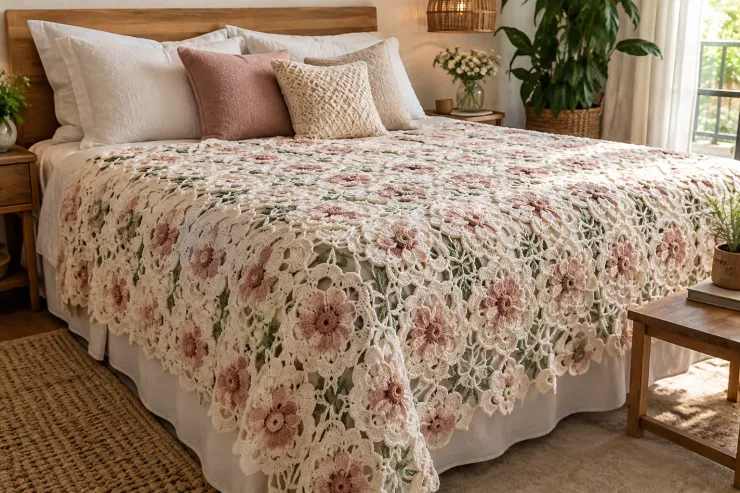 Cubresábanas de crochet con flores tejidas
