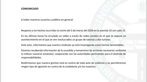 El Sindicato de Taxistas “Lázaro Cárdenas del Río” emite comunicado oficial