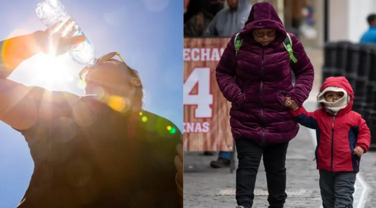 Persona tomando agua ante el intenso calor, en contraste una familia camina sin soportar el frío.