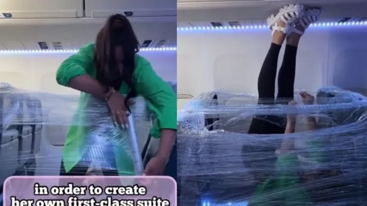VIDEO Mujer envuelve asientos con plástico en avión