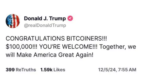 Donald Trump celebra nuevo récord del Bitcoin; se atribuye el triunfo