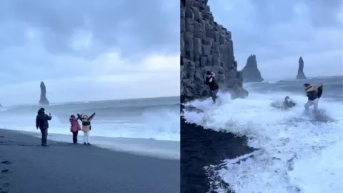 Turistas son arrastrados por una ola en playa de Islandia