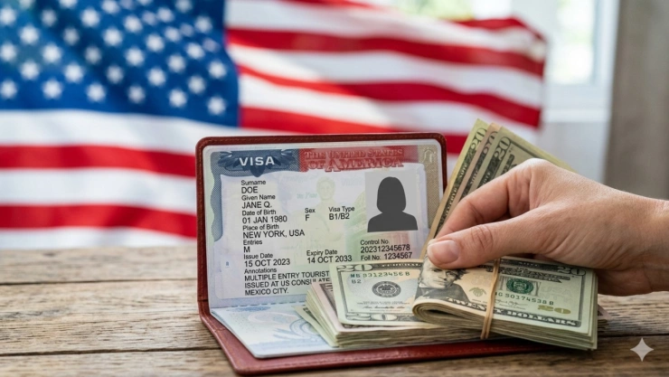 Mano que sostiene dólares enfrente de una visa americana y de una bandera de Estados Unidos.