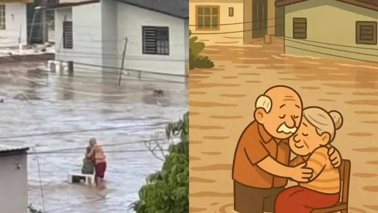 Pareja de abuelitos se abraza en medio de las inundaciones en Veracruz en espera de ser rescatados | VIDEO