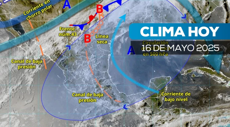 Imagen satelital del clima en México para el viernes 16 de mayo de 2025.