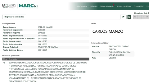 “Carlos Manzo” marca registrada por el IMPI