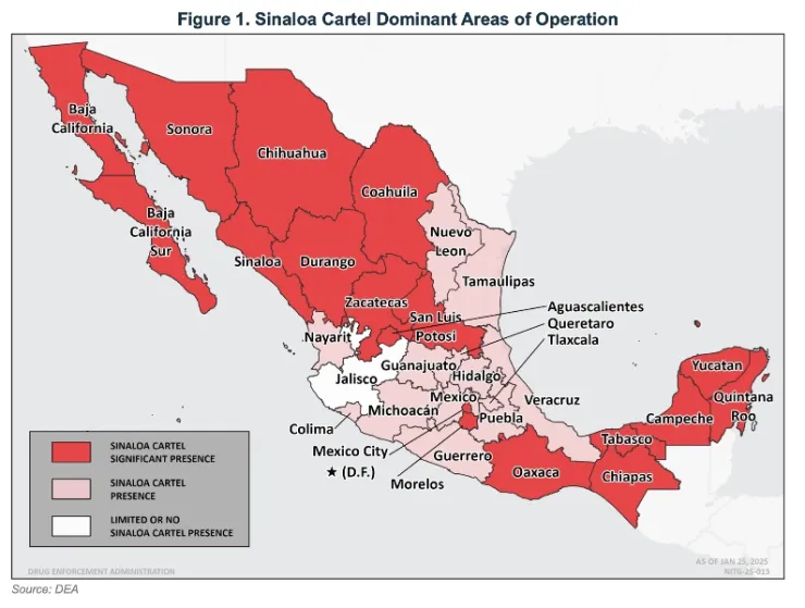 Áreas de operación dominantes del Cártel de Sinaloa