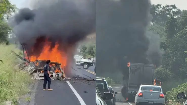 Cierran carretera de Veracruz por incendio de tracto camión; maneja con cuidado