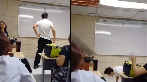 VIDEO: Alumno quiso impresionar a su maestra y le cae una viga del techo
