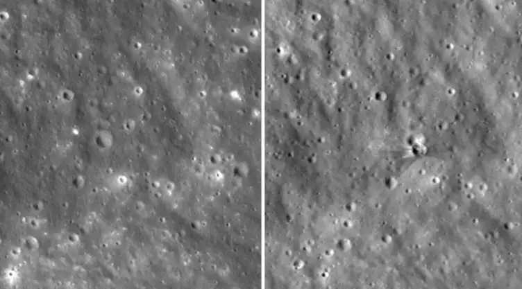 El antes (izquierda) y el después de un cráter reciente en la Luna tras un choque de una nave de SpaceX.