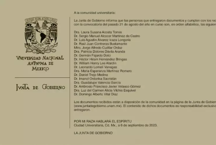 Estos son los nombres de los 17 aspirantes a la Retoría de la UNAM