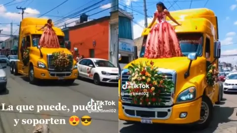 ¡Muy original! Una joven quinceañera hace su recorrido en tráiler