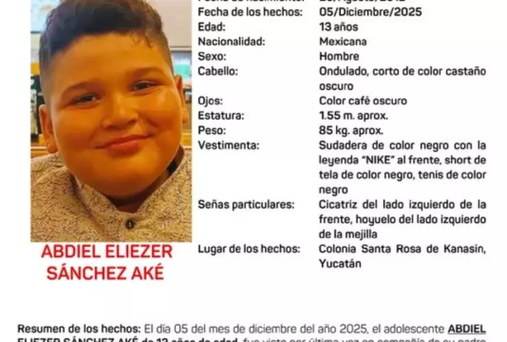 Abdiel Eliezer desapareció en Kanasín: 22 días sin saber del niño de 13 años