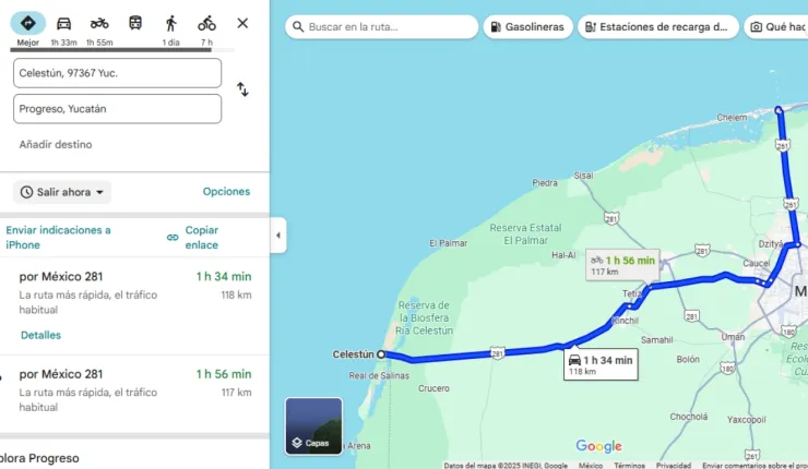 Mapa de Progreso a Celestún en Yucatán