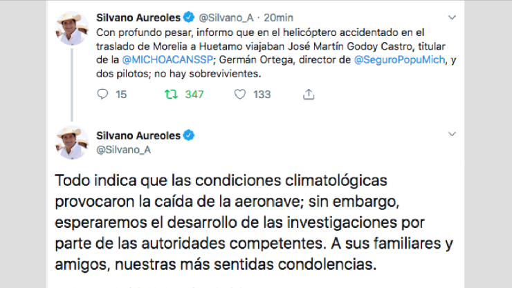Muere titular de la SSP de Michoacán y tres personas más en accidente aéreo