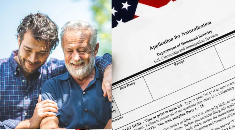De un lado, un hombre abrazando a su abuelo y, del otro, un formulario de naturalización del USCIS.