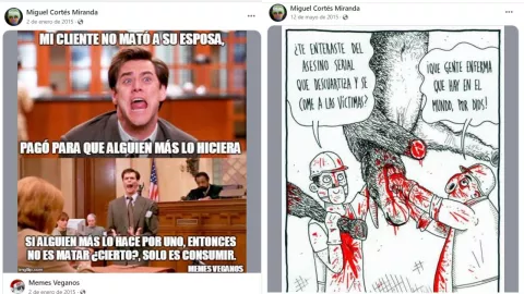 Algunos de los memes que “el feminicida de Iztacalco” compartía en sus redes sociales, relacionadas con asesinatos y muerte, bajo la cortina de la defensa de los animales