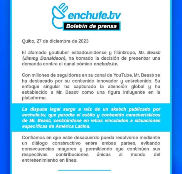 Enchufe TV lanzó un comunicado sobre la demanda de MrBeast
