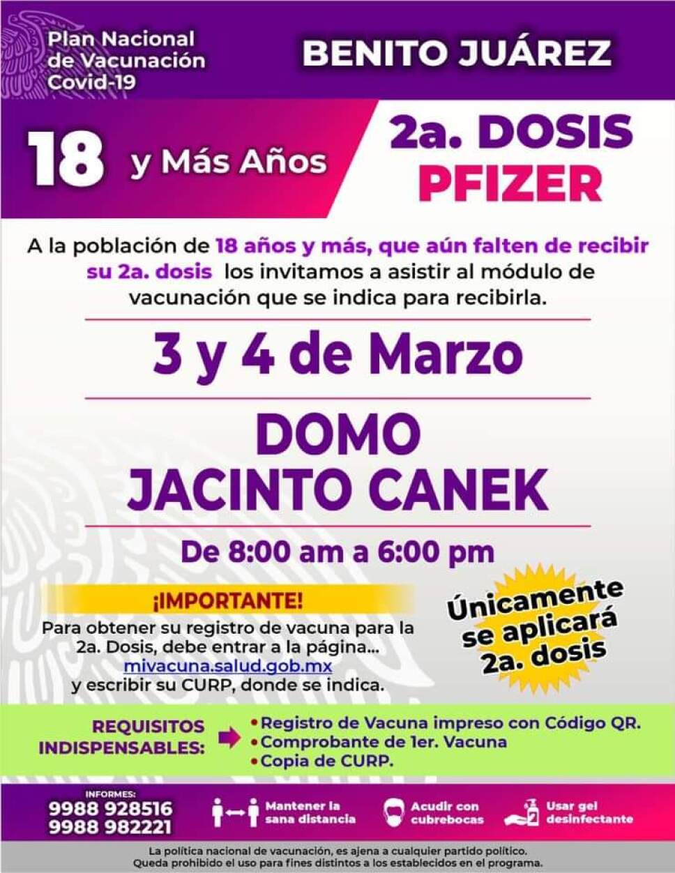 Anuncian jornada de vacunación para mayores de 18 años en Benito Juárez