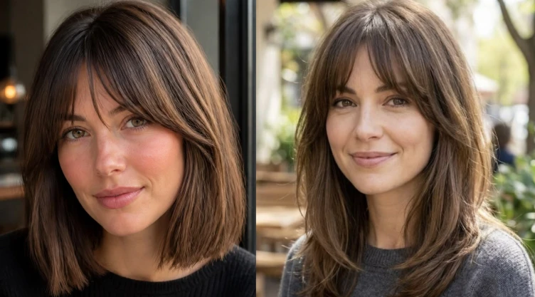 ideas de cortes Bob Medio con flequillo para rejuvenecer el rostro después de los 40 y disimular las patas de gallo