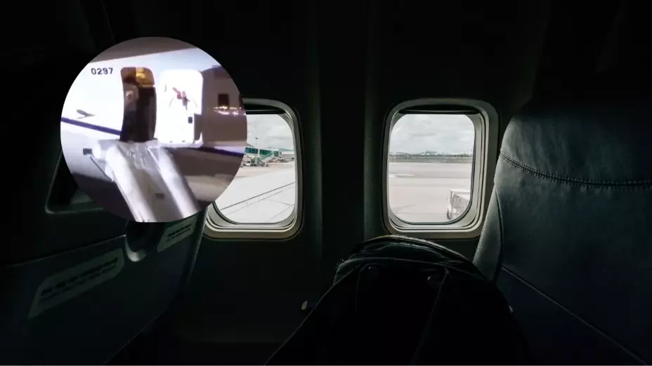 Ventana de avión y captura de video de aterrizaje de emergencia de avión en Japón el 12 de septiembre de 2025.