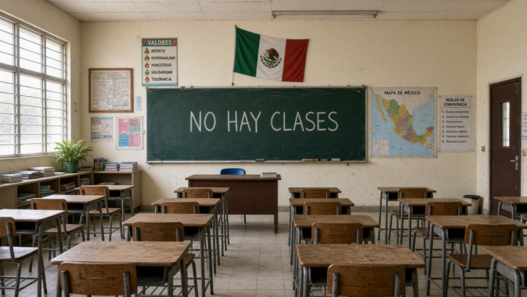 Salón de clases vacío de una escuela pública en México. En el pizarrón verde se lee “No hay clases”.