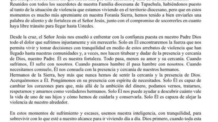 Diócesis de Tapachula emite comunicado sobre violencia
