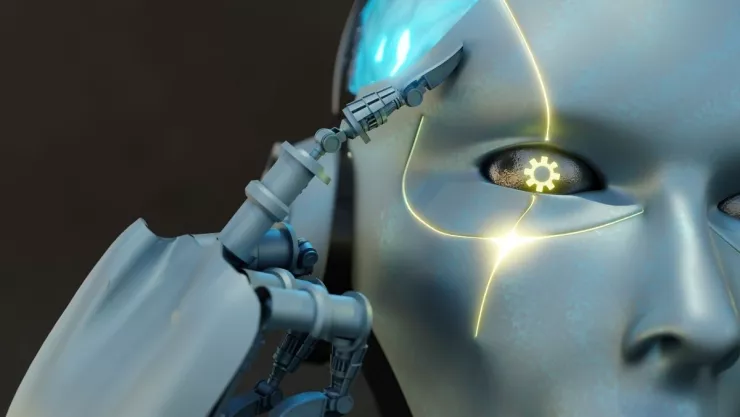 Conferencia de prensa con robots con inteligencia artificial