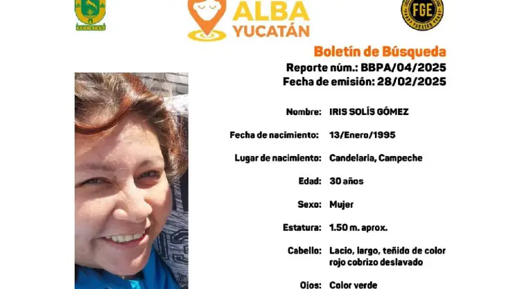 Fiscalía de Yucatán activa el PROTOCOLO ALBA tras desaparición de Iris Gómez de 30 años