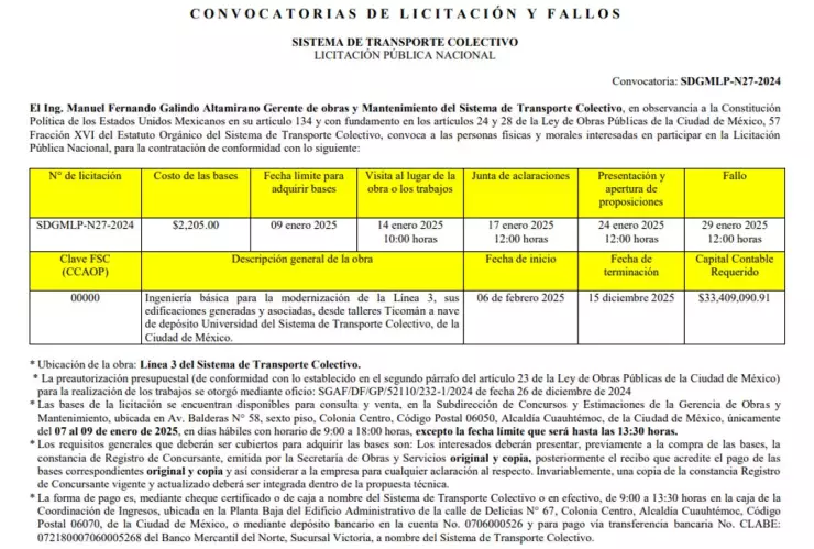 Metro CDMX Línea 3 convocatoria de licitación