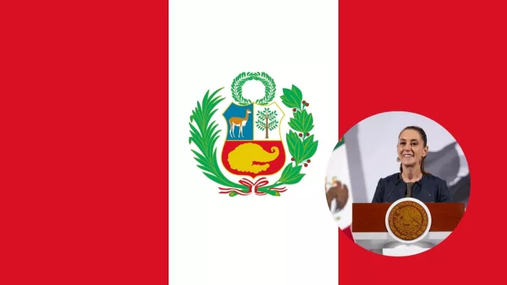 Foto de la bandera de perú y de Claudia Sheinbaum, presidenta de México.
