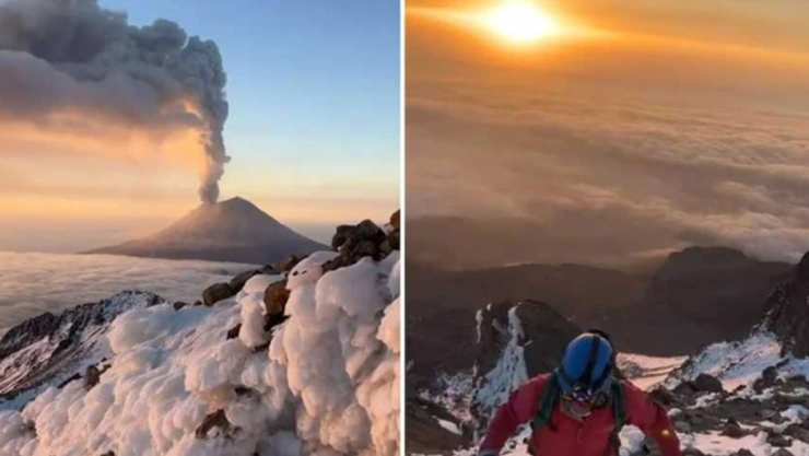 Captan alpinistas impresionante fumarola del volcán Popocatépetl desde la cima del Iztaccíhuatl
